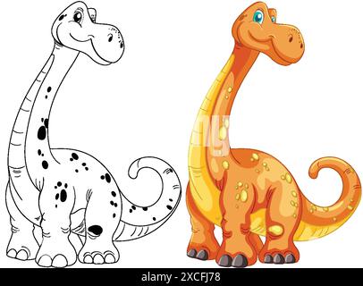 Zwei entzückende Dinosaurier, einer farbig, einer schwarz und weiß Stock Vektor