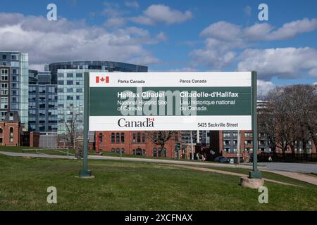 Parks Canada Willkommen in der Halifax Citadel National Historic Site im Zentrum von Halifax, Nova Scotia, Kanada Stockfoto