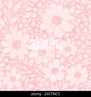 Nahtloses Blumenmuster aus pastellfarbenen, hellrosa Blumen und Blättern, Tapetenmuster wiederholen. Perfekt für Wickelpapiere, Textilien, Stoffe, Dekorationen. Stockfoto