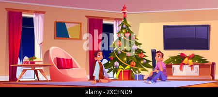 Die Familie feiert im Wohnzimmer mit dem Weihnachtsbaum-Zeichentrick. Kind mit Geschenkbox zu Hause, das auf dem Boden sitzt. Vorhang am Fenster, Teppich und immergrüne Ferienwohnung Dekoration. Weihnachtsgeschichte Stock Vektor