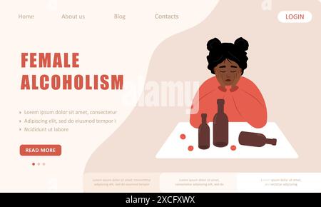 Weiblicher Alkoholismus. Vorlage für Landing-Page. Trauriges afrikanisches Mädchen sitzt am Tisch und trinkt Wein. Gefährliche Angewohnheit. Vektor-Illustration in flachem Cartoon Stock Vektor