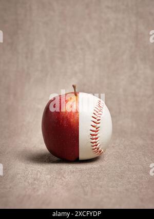 Konzeptuelles Bild, das einen Apfel mit einem Baseball verschmelzen zeigt und die Verbindung zwischen gesunder Ernährung und körperlicher Aktivität darstellt Stockfoto