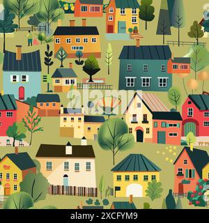 Village Houses Seamless Pattern Vektor Stock Vektor
