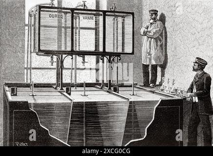 Aquarium der Ausstellung für städtische Hygiene, die die Unterschiede in der Transparenz und Reinheit der Gewässer der Flüsse Oureq, Vanne und seine in Paris zeigt. Frankreich. Alte gravierte Illustration aus dem 19. Jahrhundert aus La Nature 1886 Stockfoto