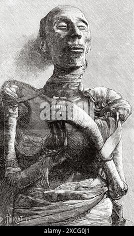Die Mumie von Ramses II., entdeckt in Deir-el-Bahari von Gaston Camille Charles Maspero, Ägypten. Alte gravierte Illustration aus dem 19. Jahrhundert aus La Nature 1886 Stockfoto