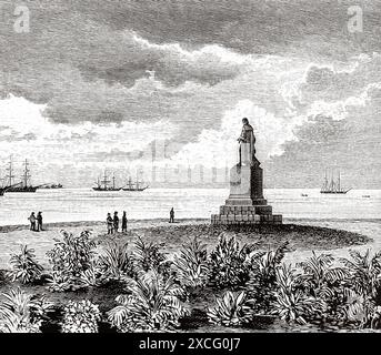 Statue von Christoph Kolumbus in Colon, Panama. Zentralamerika. Alte gravierte Illustration aus dem 19. Jahrhundert aus La Nature 1886 Stockfoto