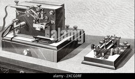 Ubersicht über den Estienne-Telegrafen. Alte gravierte Illustration aus dem 19. Jahrhundert aus La Nature 1886 Stockfoto