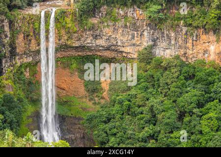 Der Wasserfall ist 80 Meter hoch und taucht in eine Schlucht ein. Blick auf die tropische Natur und die Landschaft des Chamarel-Doppelwasserfalls im Schwarzen Stockfoto