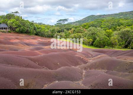 Weltberühmter Ort, ein Naturwunder inmitten eines Parks. Landschaftsaufnahme bei Sonnenuntergang im Regen. Sieben Farben Erde, Black River Gorges National Stockfoto