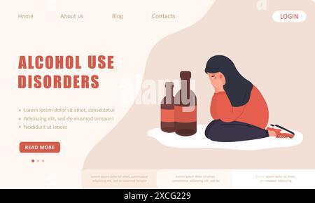 Störungen des Alkoholkonsums. Vorlage für Landing-Page. Deprimierte arabische Frau, die auf dem Boden sitzt und weint. Alkoholismus-Effekte. Alkoholmissbrauch. Vektor Stock Vektor