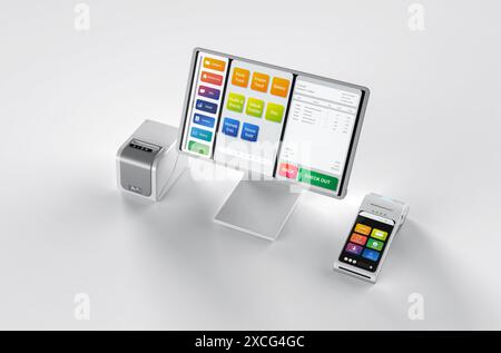 3D-Rendering-White Point-of-Sale-System oder Kassenautomat am Schreibtisch Stockfoto