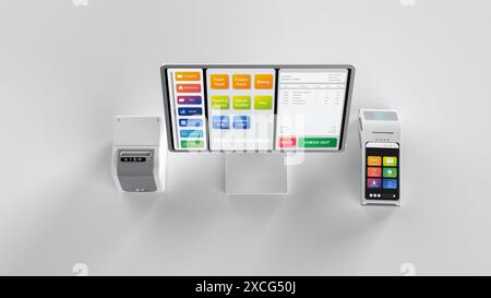 3D-Rendering-White Point-of-Sale-System oder Kassenautomat am Schreibtisch Stockfoto