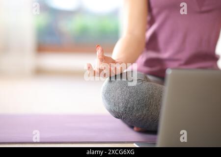 Nahaufnahme eines Porträts einer Hand, die Yoga mit einem Laptop zu Hause oder im Wellnesscenter macht Stockfoto