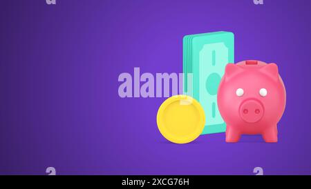 Finanzersparnis Geschäft Investition Bargeld Dollar Einzahlung mit Schweinebank realistische 3D Icon Vektor Illustration. Banknotengeld Stock Vektor