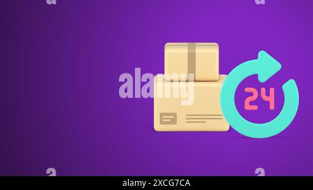 Paketkurier Zustellservice 24 Stunden immer verfügbar Bestellung Expressversand 3D Icon Vektor Illustration. Logistikkarton rund um die Uhr Stock Vektor