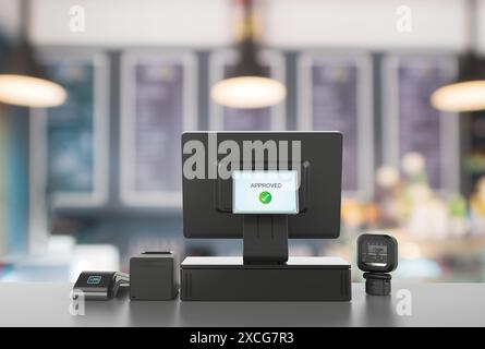 3D-Render-Point-of-Sale-System oder Kassenautomat am Schreibtisch im Café Stockfoto