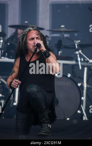 Donington, Großbritannien. Juni 2024. Slayers Axeman Kerry King kehrt mit Mark Osegueda, dem Sänger von Death Angel, auf die Bühne von Download zurück. Quelle: Cristina Massei/Alamy Live News Stockfoto