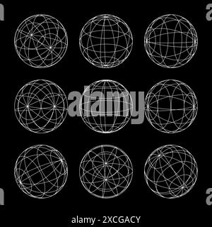 Drahtmodellformen, gefütterte Kugel. Perspektivisches Netz, 3D-Raster. Geometrische Elemente mit niedrigem Poly. Futuristische Retro-Designelemente, y2k, Vaporwave und Synthwave Stock Vektor
