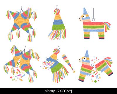 Kaputte und ganze Pinatas. Traditionelle mexikanische Partydekorationen, Kinderspielzeug mit Konfetti, Süßigkeiten, Karnevalsformen, Festkommentar Stock Vektor