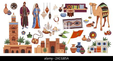 marokkanische Zeichentrickfiguren. Touristische Reisen, nationaler Geschmack, Mann, Frau in traditioneller Kleidung, arabisches Essen, Architektur, Geschirr und Innenausstattung Stock Vektor