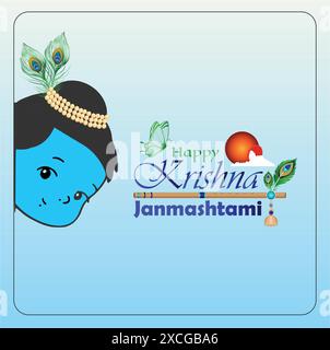 Happy Janmashtami Typographic Design Illustration mit Krishna Kopf Stock Vektor