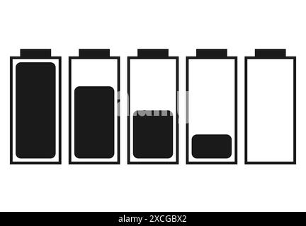 Ein Satz von fünf Batterien mit unterschiedlichen Ladeanzeigen. Vektorabbildung Stock Vektor