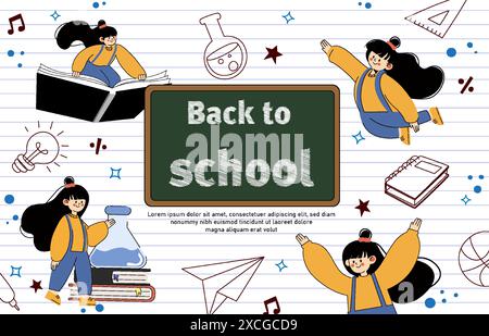 Back-to-School-Banner für große Angebote. Rabatte von bis zu 50 Prozent. Farbenfrohe Illustrationen von Schülern, Schulmaterial und Bildungstools. Perfekt für Stock Vektor