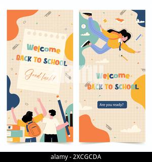 Willkommen Back to School Poster Concept mit Schülern und Schulbedarf. Farbenfrohe und lustige Illustrationen für Bildung und Lernen. Vektor Stock Vektor