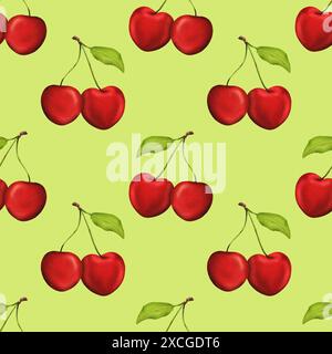 Nahtloses Muster aus üppigen, hellen Kirschen. Für Küchen-Dekor, Rezepte, Textilien, Schürzen, Verpackungen, Kirschprodukte wie Marmelade und Süßigkeiten, wie Stockfoto