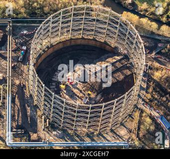 Luftbild des redundanten Gasometers bei Miles Platting, aufgenommen aus 1500 Fuß Stockfoto