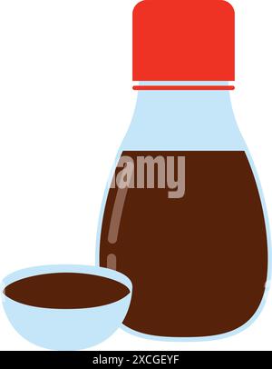 Sojasauce in Flasche und Schüssel. Traditionelle asiatische salzige Sauce. Vektor-Illustration in flachem Cartoon-Stil. Stock Vektor