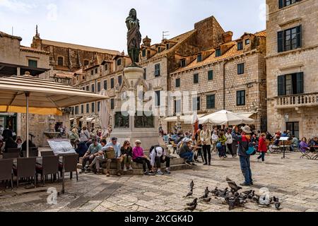 Ivan Gundulic Statue Touristen an der Ivan Gundulic Statue auf dem Gundulic Platz in Dubrovnik, Kroatien, Europa Touristen am Denkmal des Dichters Ivan Stockfoto