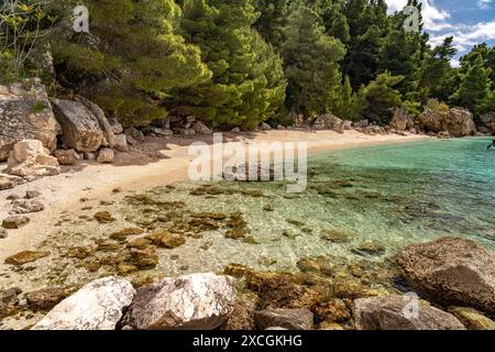 Strand Velika Plaza der Strand Velika Plaza in Omis, Kroatien, Europa Velika Plaza Strand in Omis, Kroatien, Europa *** Velika Plaza Beach Velika Plaza Stockfoto