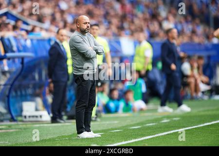 RCD Espanyol-Cheftrainer Manolo Gonzalez sieht beim LaLiga Hypermotion-Spiel zwischen Real Oviedo und RCD Espanyol im Carlos Tartiere Stadium o an Stockfoto