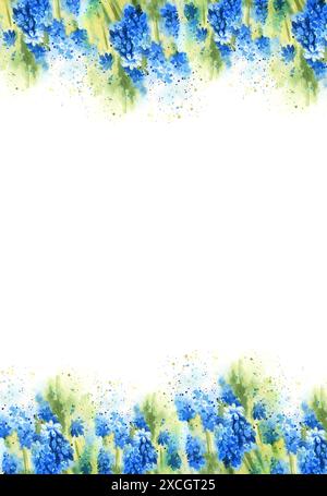 Vertikale Aquarellvorlage mit Frühlingsblauen Blumen und grünen Blättern, Primrosen, blauen und zyanblauen Schneetropfen, Hyazinthen, ersten Blüten nach Winterweiß Stockfoto