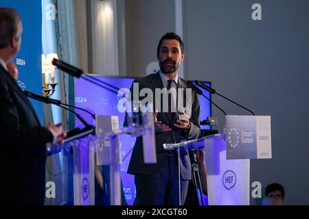 Madrid, Spanien. Juni 2024. Roger Torrent, amtierender Minister für Wirtschaft und Arbeit der katalanischen Generalitat und Präsident der Stiftung Barcelona Capital Nàutica, spricht bei einem informativen Frühstück in Madrid an die Anwesenden. Heute Morgen wurde im Ritz Hotel in Madrid die 37. Ausgabe des America's Cup präsentiert. Die Eröffnungsveranstaltung des Louis Vuitton 37. America's Cup findet am 22. August 2024 in Barcelona statt. Quelle: D. Canales Carvajal / Alamy Live News Stockfoto