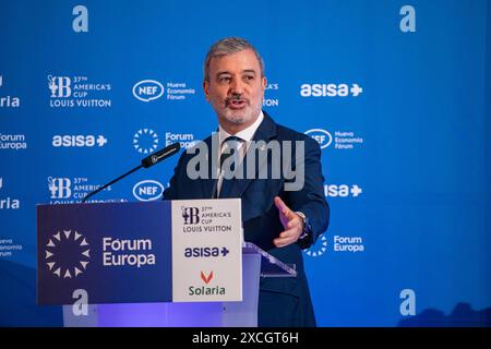 Madrid, Spanien. Juni 2024. Jaume Collboni, Bürgermeister von Barcelona, spricht die Anwesenden bei einem informativen Frühstück in Madrid an. Heute Morgen wurde im Ritz Hotel in Madrid die 37. Ausgabe des America's Cup präsentiert. Die Eröffnungsveranstaltung des Louis Vuitton 37. America's Cup findet am 22. August 2024 in Barcelona statt. Quelle: D. Canales Carvajal / Alamy Live News Stockfoto