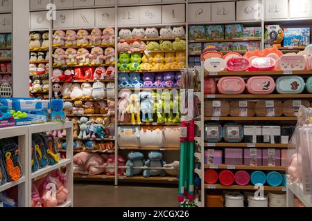 Moderne, stilvolle Designerwaren, Accessoires, Spielzeug in den Regalen des Geschäfts. Innenraum des Markenladens Miniso. Minsk, Weißrussland - 29. Mai 2024 Stockfoto