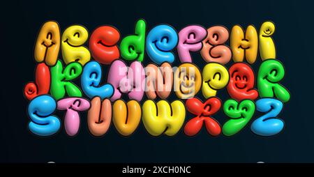 Kinderballon-Alphabet, 3D-Buchstaben, bunte Typografie im Jahr 2000, niedliche Retro-Schriftart mit lächelndem Gesicht für fröhliches Logo, Comic-Überschrift, verspielt Stock Vektor