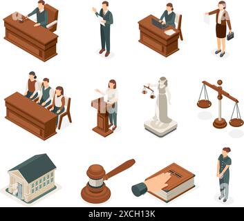 Isometrische Regelelemente. Anwalt und Richter, Zeugen und Geschworene. Femida-Statue, Eid auf Buch und Richter-Hammer. Courthouse 3D makelloses Vektorset Stock Vektor