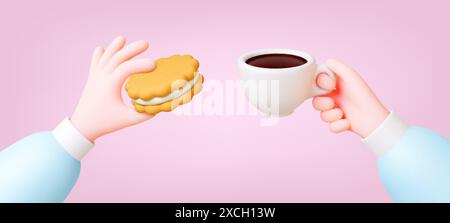 Kaffee Frühstück 3D Konzept. Espresso Americano und Kekse. Hände halten weiße Tasse und Plätzchen mit Praline. Rendern Sie realistische Vektor-Food-Banner Stock Vektor