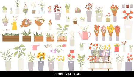 Große Gartenblumen. Pflanzen in Töpfen, Blumensträußen und Blumen in Vasen. Blumengeschäfte, frische Blumenelemente. Pflanzen Gartenblütenvektor Stock Vektor