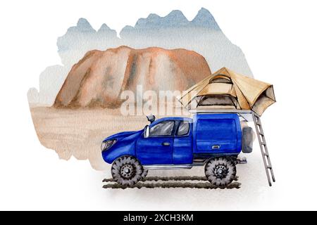 Blaues Geländewagen mit Dachzelt und Leiter mit roter Felsenlandschaft. Aquarellabbildung isoliert mit Hintergrund. Postkartendruck für Abenteuer, Stockfoto