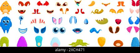 Monster-Creation-Symbole gesetzt. Cartoon Monster Körperteile für lustige Gesichter und Ausdrücke, die endlose Kombinationen und phantasievolle Charakterdesigns ermöglichen Stock Vektor
