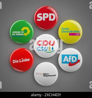 Alle sieben Fraktionen des Deutschen Bundestages 2024. SPD, Bündnis 90 die Grünen, FDP, CDU/CSU, AfD, Bündnis Sahra Wagenknecht, Die Linke. Stockfoto