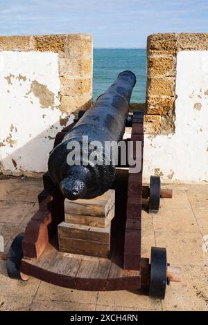 Alter Kanon auf der befestigten Meeresmauer Baluarte y Murallas de San Carlos, Cadiz, Andalusien, Spanien Stockfoto