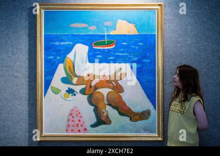 London, Großbritannien. Juni 2024. Alberto Morrocco OBE RSA, Badende im Basiluzzo, Est. £25.000 - £35.000 - die Höhepunkte des Angebots moderner britischer und irischer Kunst in Bonhams, New Bond Street. Die Saleis am 19. Juni. Guy Bell/Alamy Live News Stockfoto