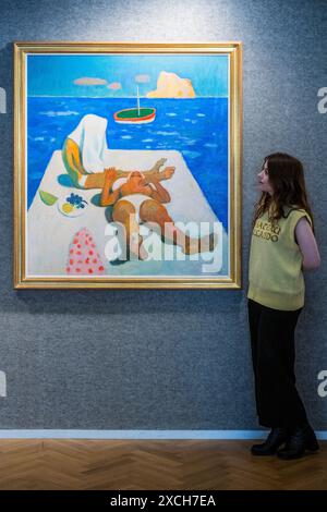 London, Großbritannien. Juni 2024. Alberto Morrocco OBE RSA, Badende im Basiluzzo, Est. £25.000 - £35.000 - die Höhepunkte des Angebots moderner britischer und irischer Kunst in Bonhams, New Bond Street. Die Saleis am 19. Juni. Guy Bell/Alamy Live News Stockfoto