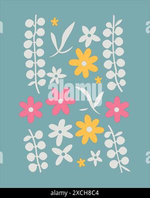 Blumenmuster aus gelben, weißen und rosa Blüten mit weißen Blüten auf blauem Hintergrund Stock Vektor