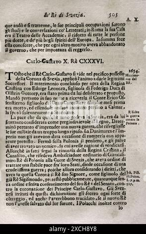 "Mappamondo Istorico". Band V. Teil II. Leben der Könige von Schweden, vom Beginn der Monarchie bis 1702. Kapitel IV. Betreffend Karl X. Gustav (1622-1660), König von Schweden (1654-1660). Von Pater Antonio Foresti (1625–1692), von der Gesellschaft Jesu. Parma, 1709. Autor: Antonio Foresti (1625-1692). Italienischer Jesuit und Historiker. Stockfoto